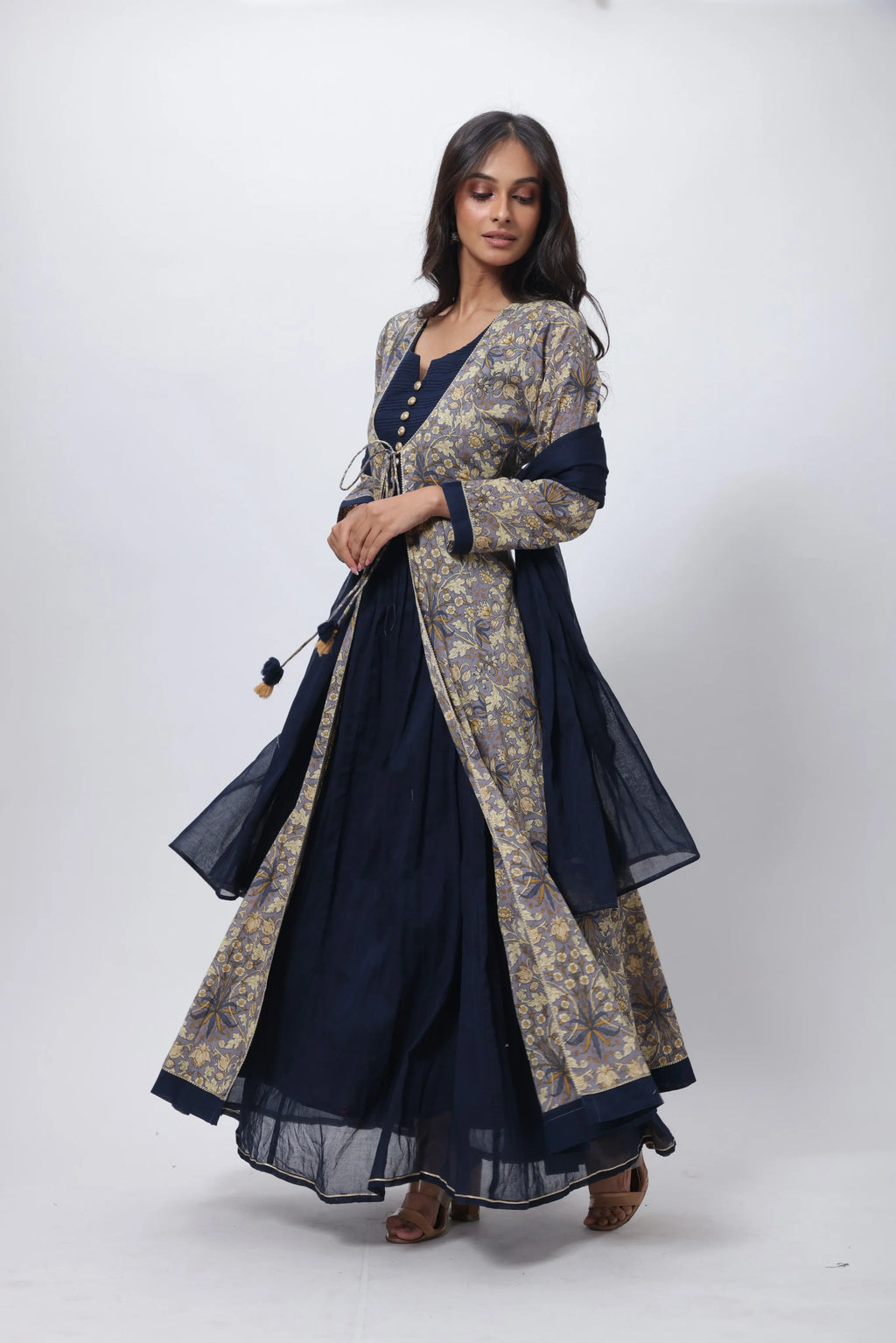 Printed Three Piece Gown in Blue