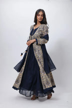 Printed Three Piece Gown in Blue