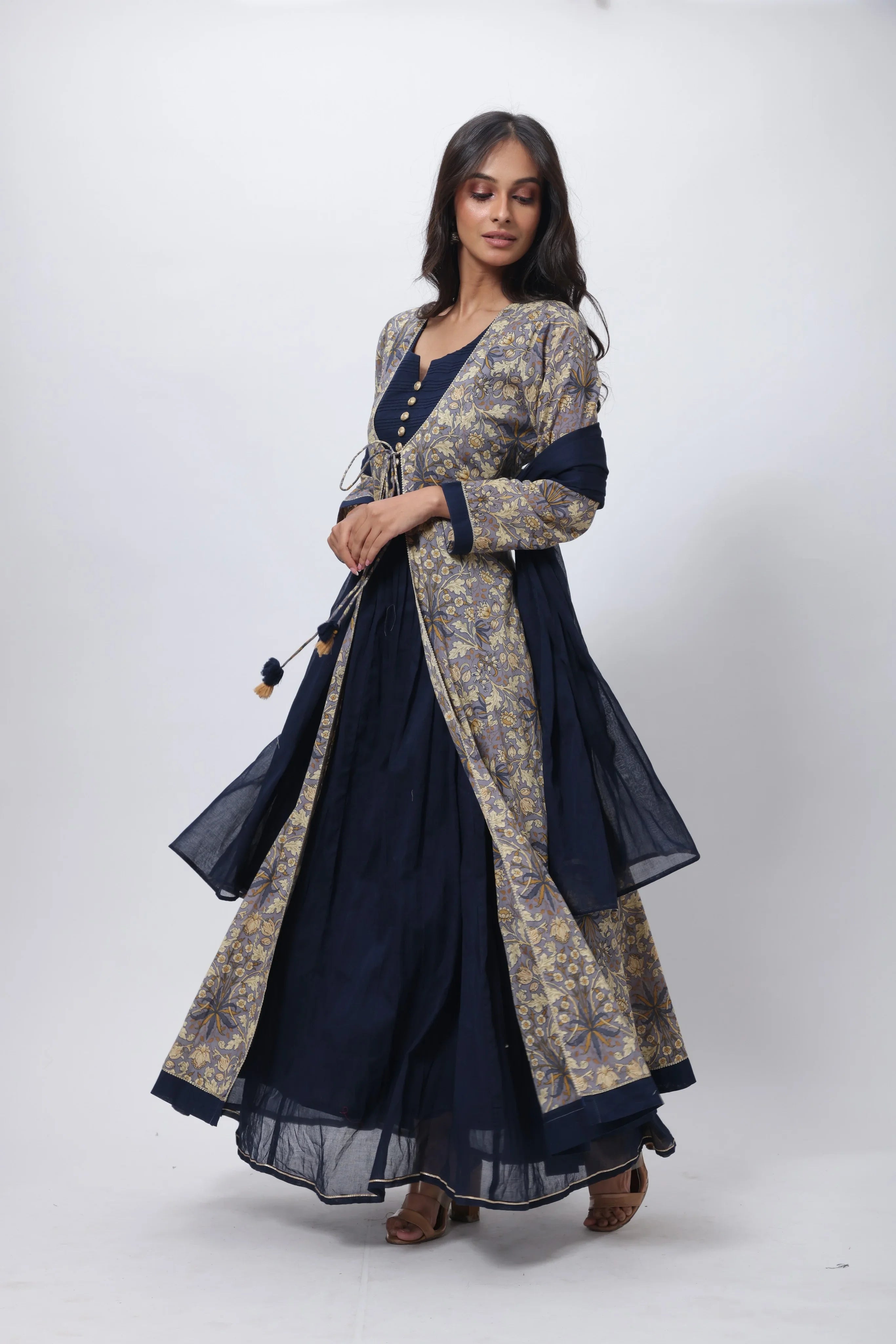 Printed Three Piece Gown in Blue