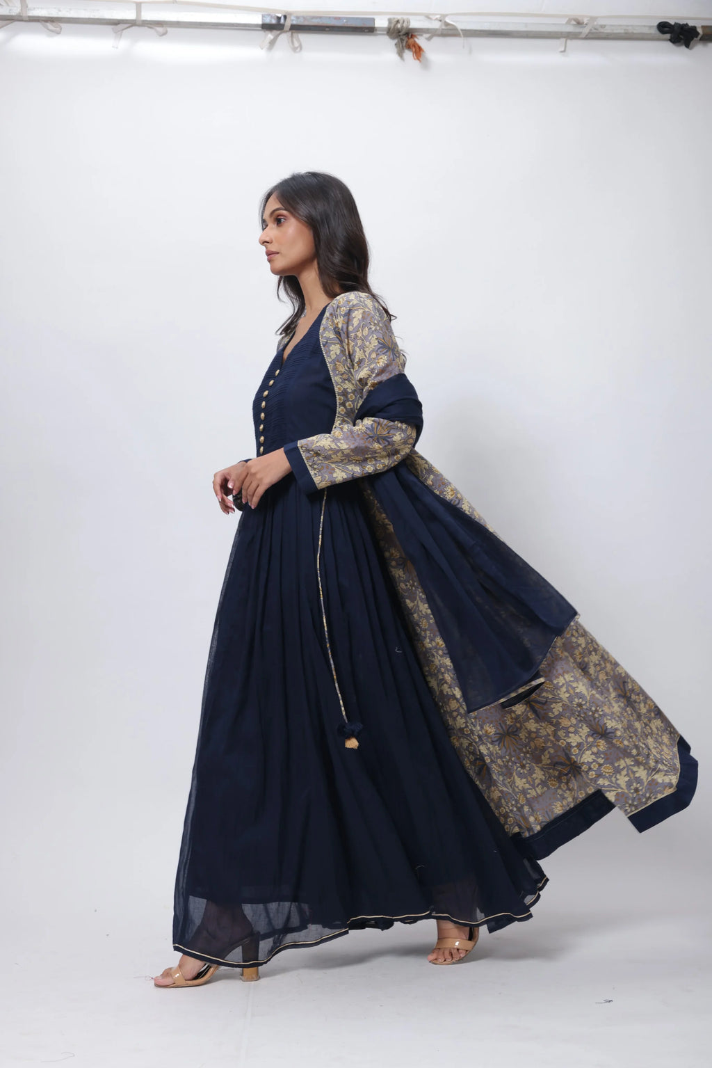 Printed Three Piece Gown in Blue