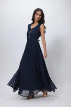 Printed Three Piece Gown in Blue