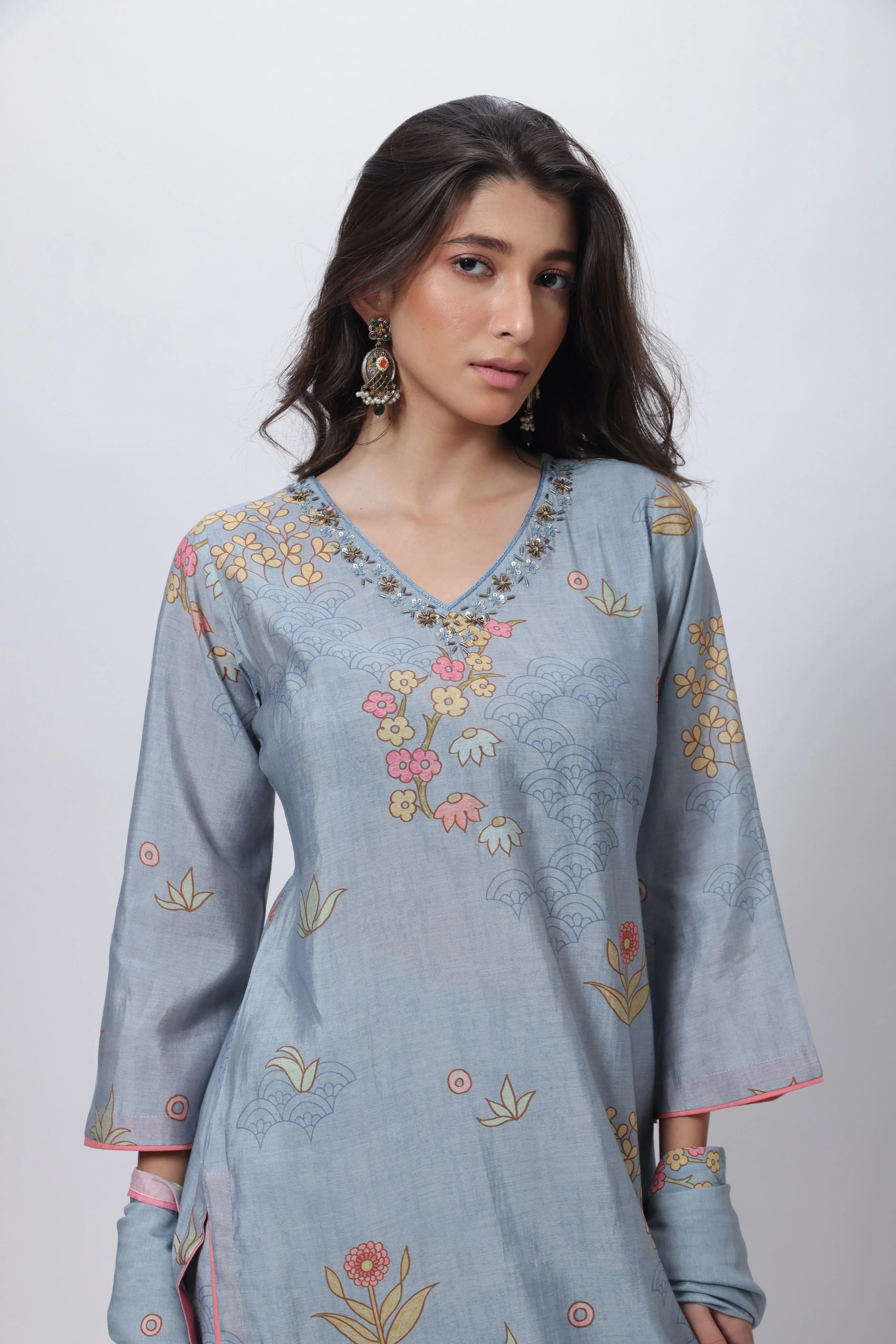 Printed Three Piece Suit Set in Steel Grey