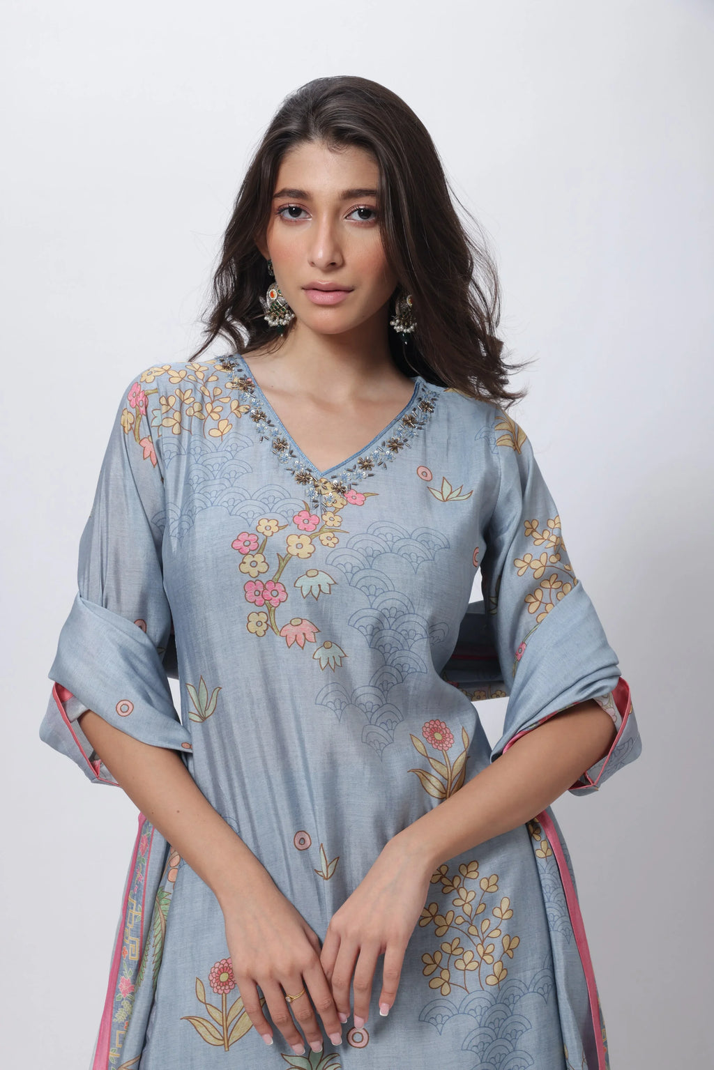 Printed Three Piece Suit Set in Steel Grey