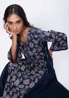 Printed Two Piece Suit Set in Navy Blue