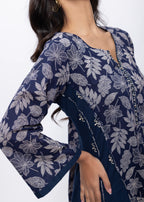 Printed Two Piece Suit Set in Navy Blue