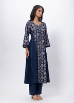 Printed Two Piece Suit Set in Navy Blue