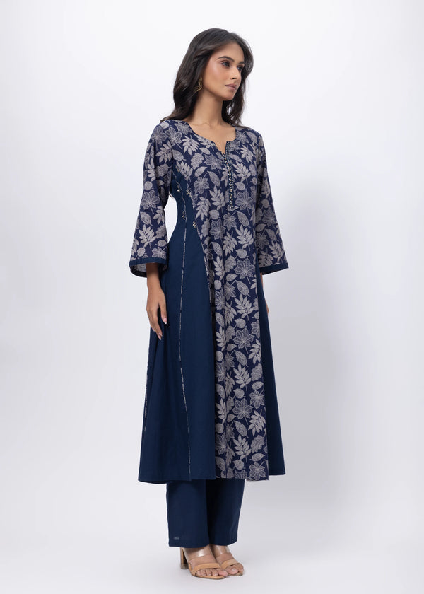 Printed Two Piece Suit Set in Navy Blue