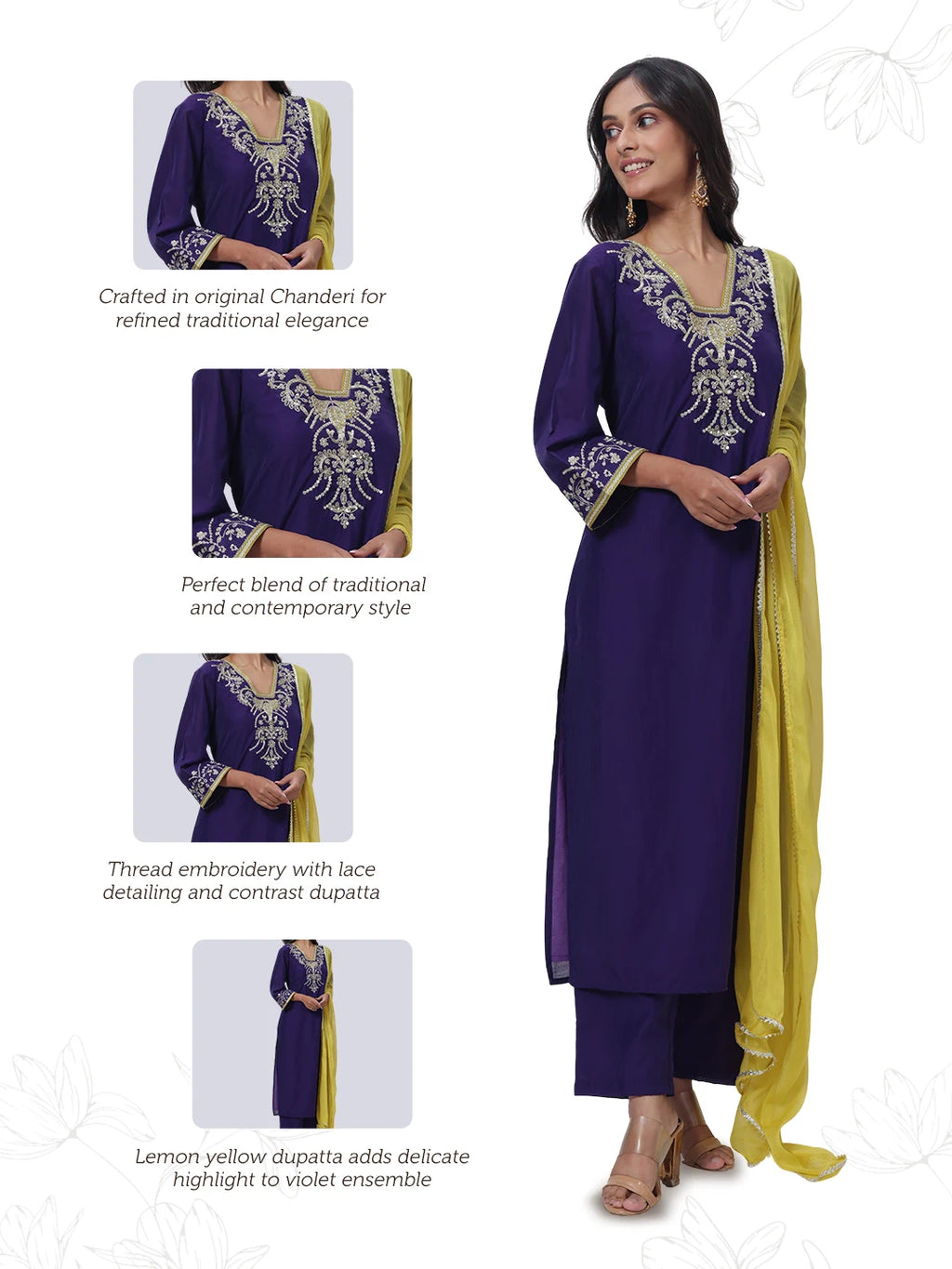 Embroidered Three Piece Suit Set with a Contrast Dupatta in Voilet