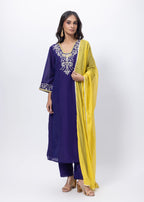 Embroidered Three Piece Suit Set with a Contrast Dupatta in Voilet