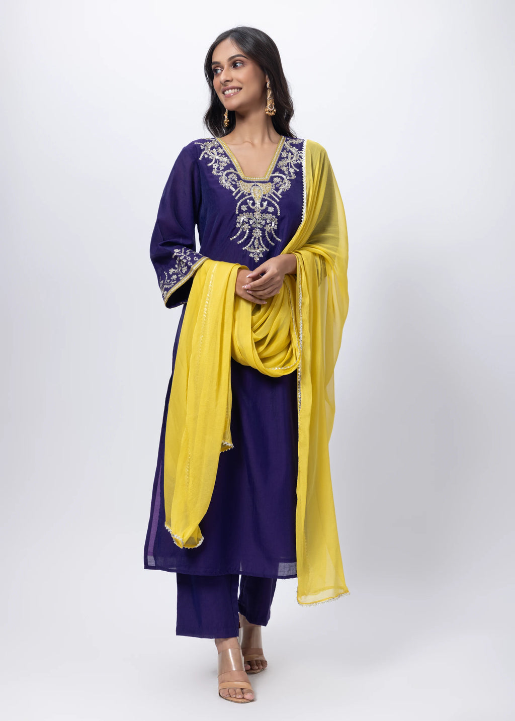 Embroidered Three Piece Suit Set with a Contrast Dupatta in Voilet