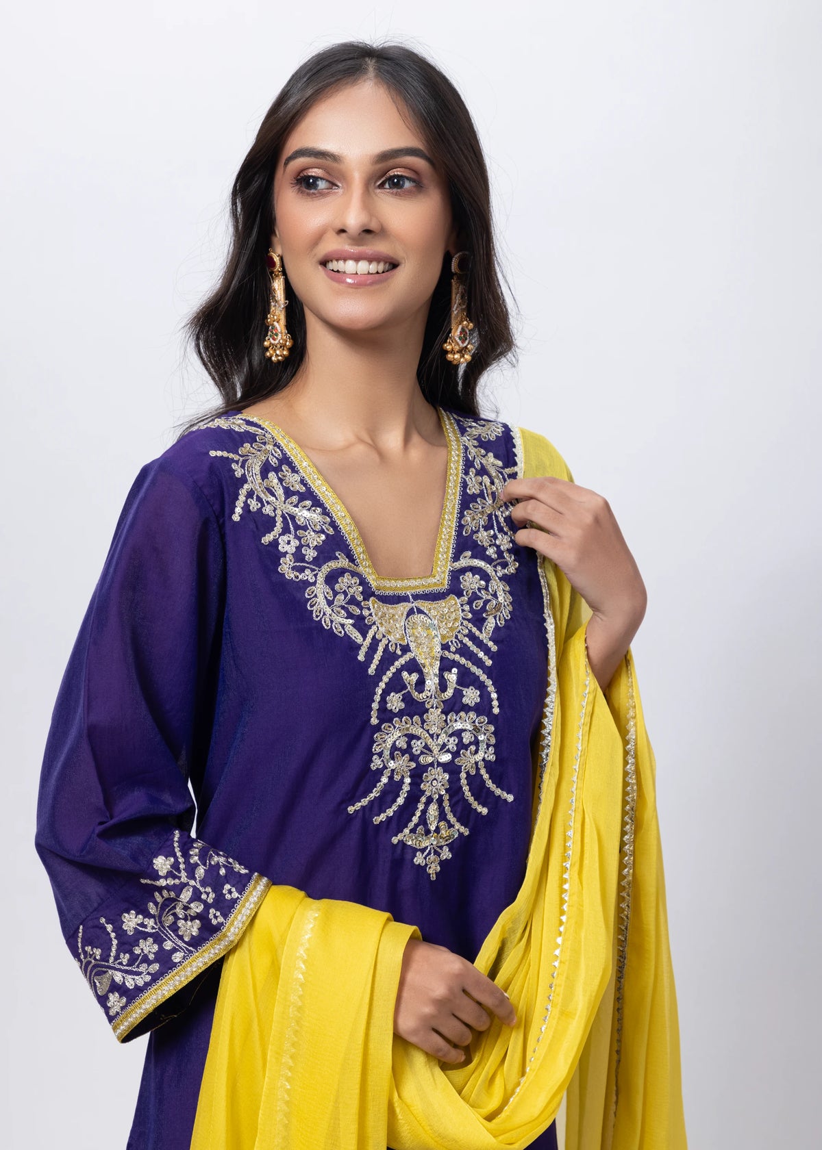 Embroidered Three Piece Suit Set with a Contrast Dupatta in Voilet