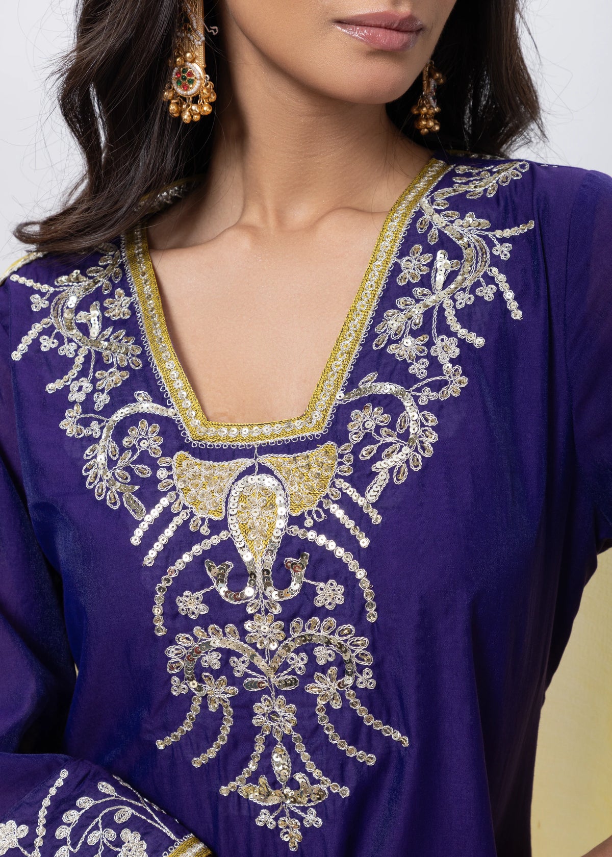 Embroidered Three Piece Suit Set with a Contrast Dupatta in Voilet