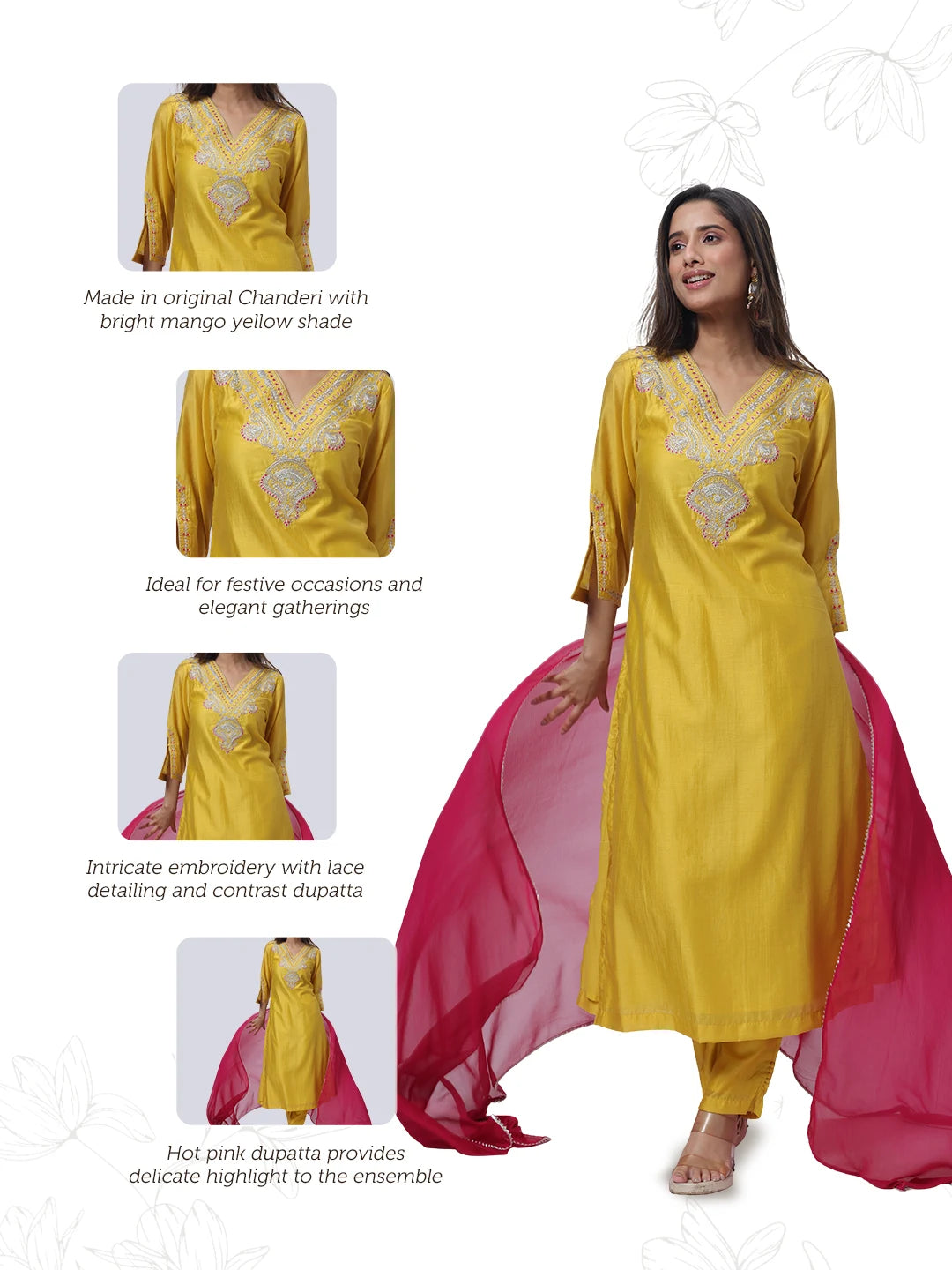 Embroidered Three Piece Suit Set with a Contrast Dupatta in Mango Yellow