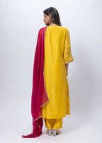 Embroidered Three Piece Suit Set with a Contrast Dupatta in Mango Yellow
