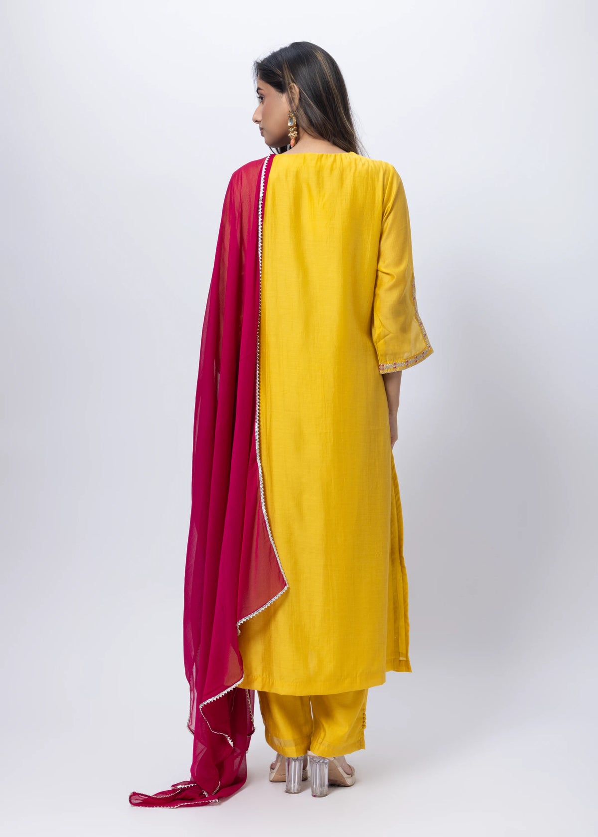 Embroidered Three Piece Suit Set with a Contrast Dupatta in Mango Yellow
