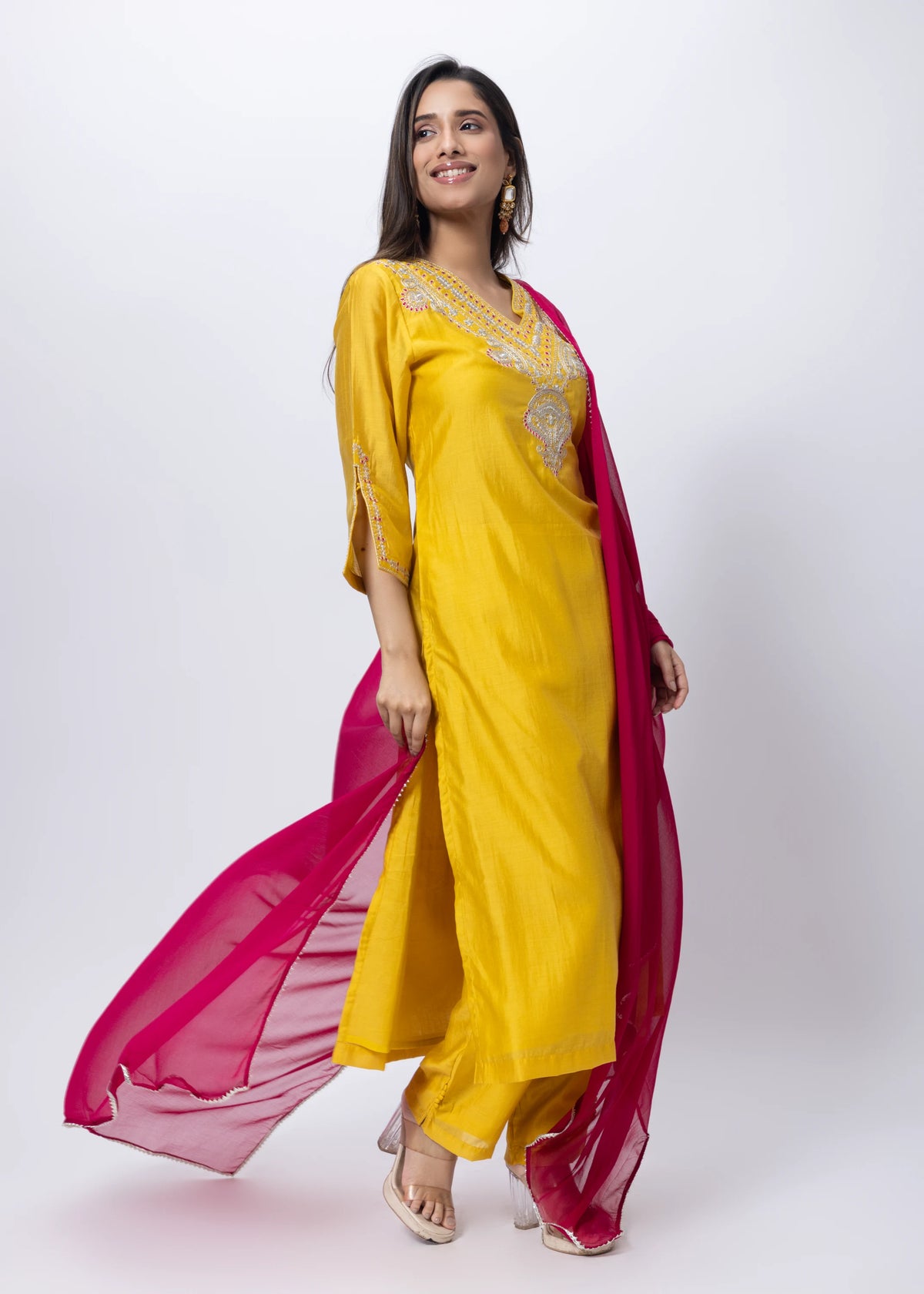 Embroidered Three Piece Suit Set with a Contrast Dupatta in Mango Yellow