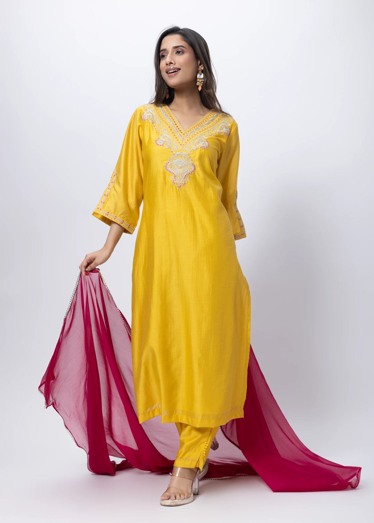 Embroidered Three Piece Suit Set with a Contrast Dupatta in Mango Yellow