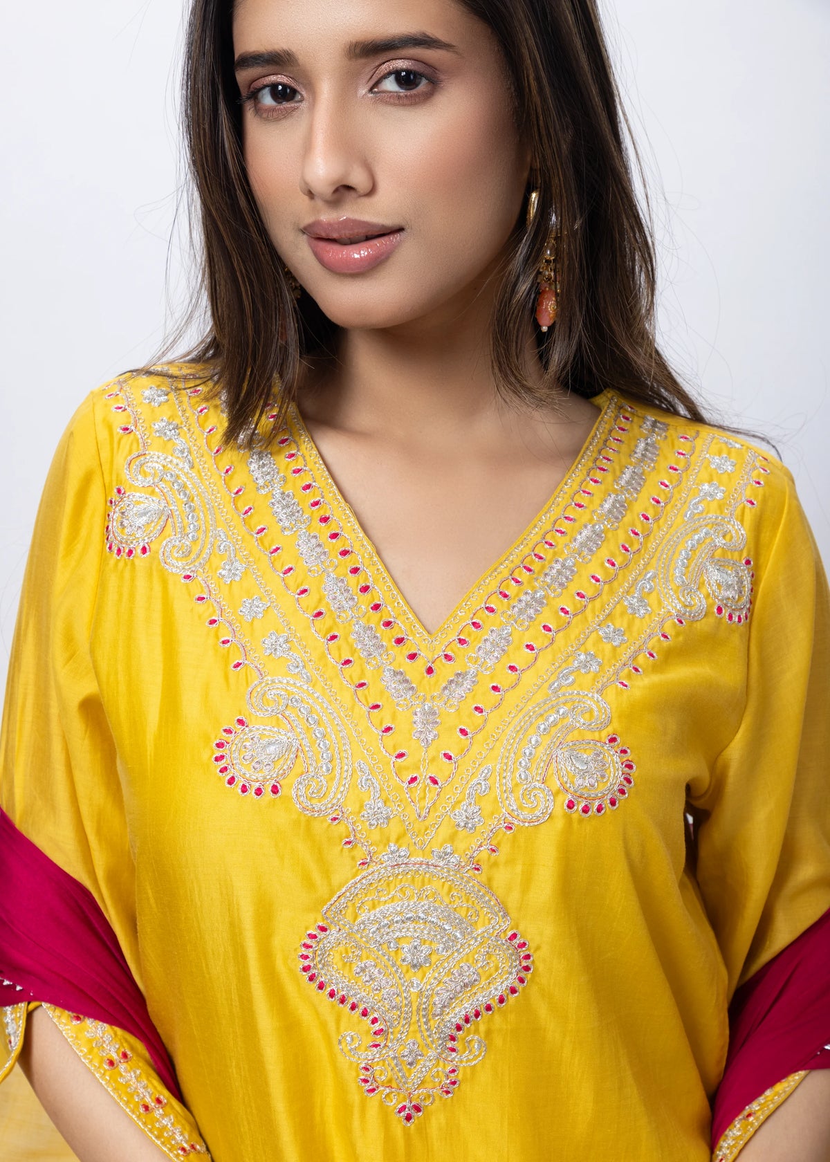 Embroidered Three Piece Suit Set with a Contrast Dupatta in Mango Yellow