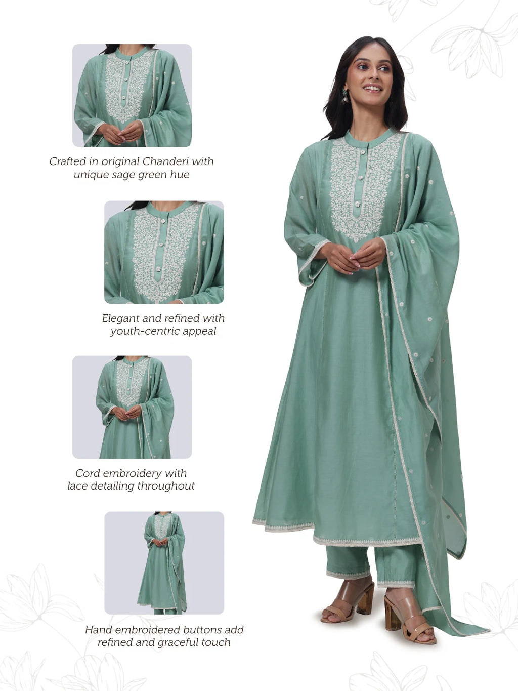 Embroidered Three Piece Suit in Sage Green