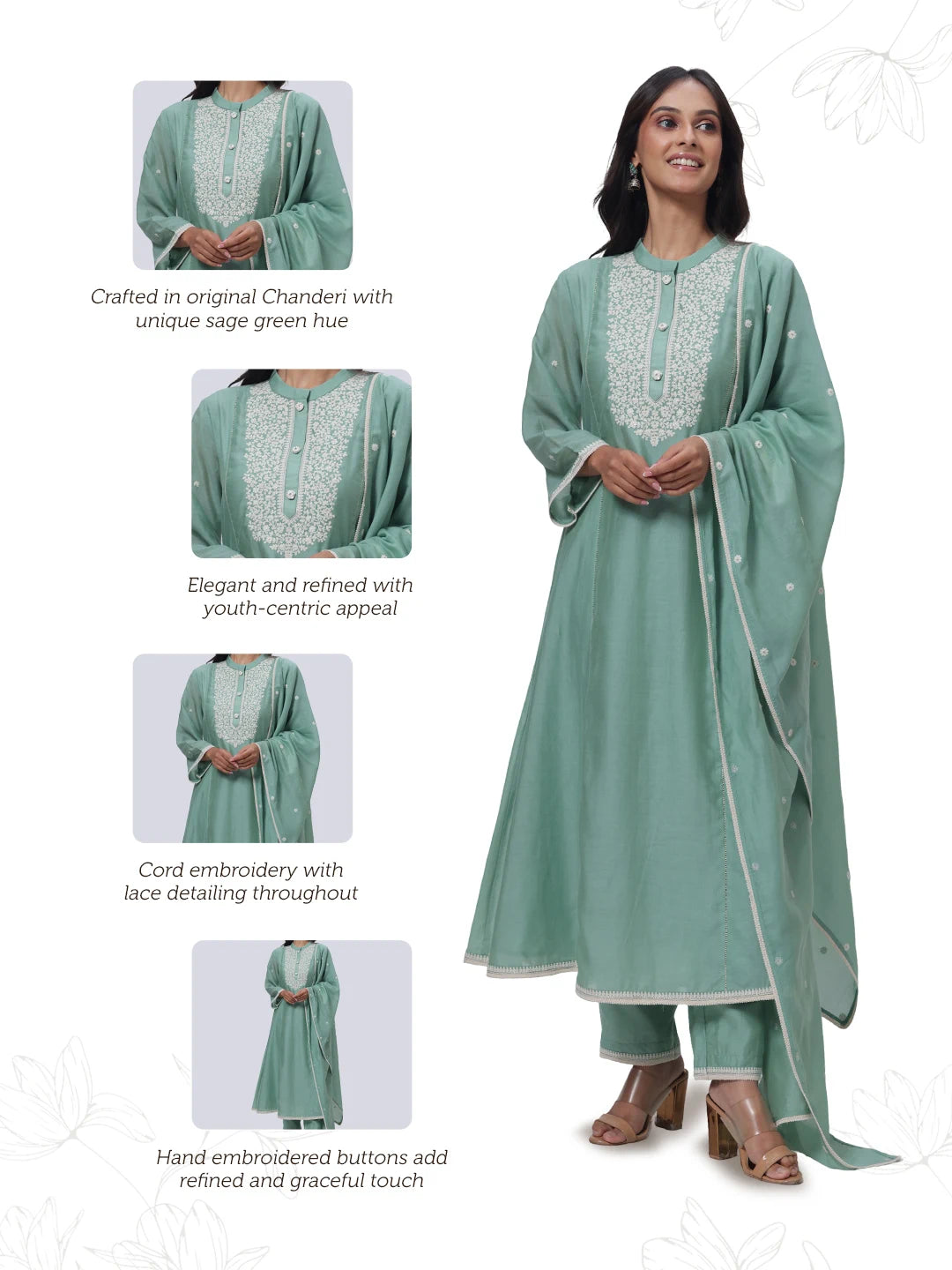 Embroidered Three Piece Suit in Sage Green