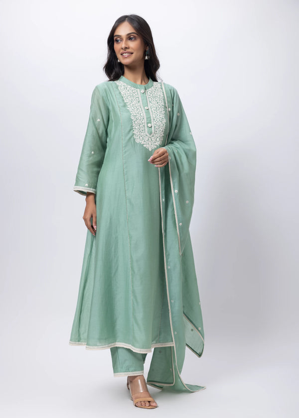 Embroidered Three Piece Suit in Sage Green