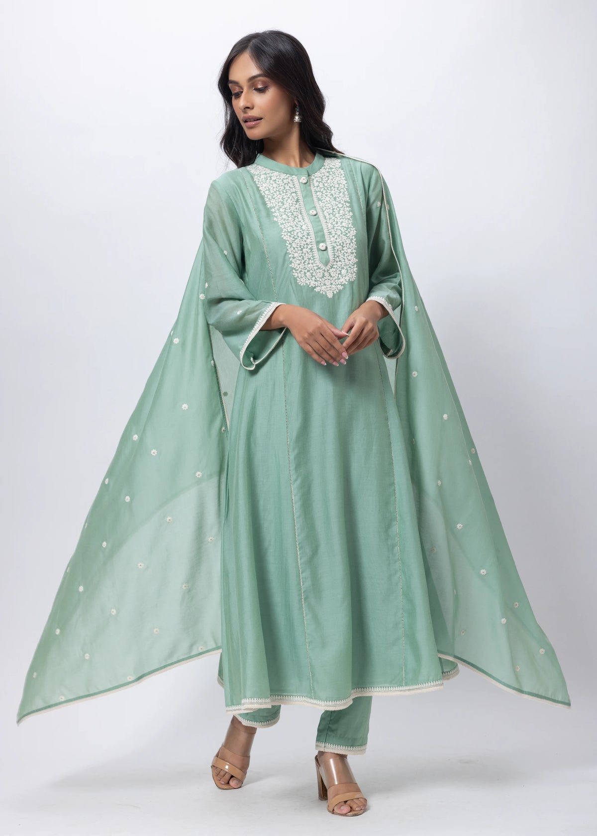 Embroidered Three Piece Suit in Sage Green