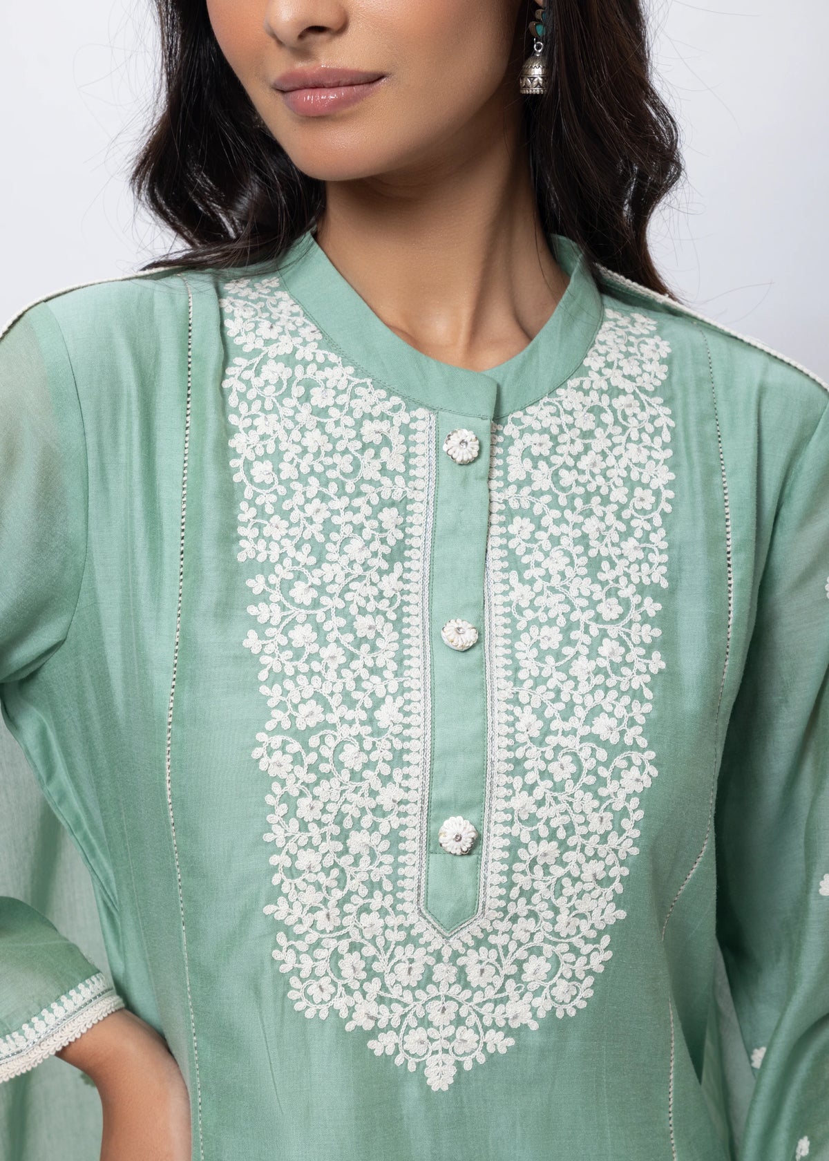 Embroidered Three Piece Suit in Sage Green