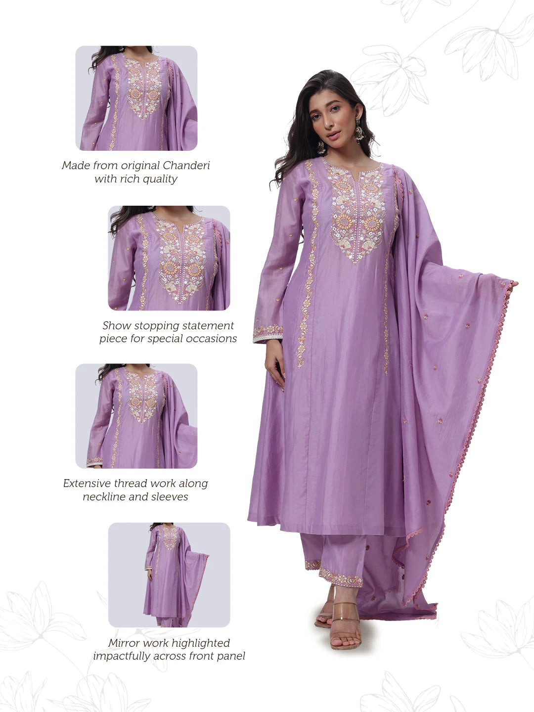 Embroidered Three Piece Suit in Lilac
