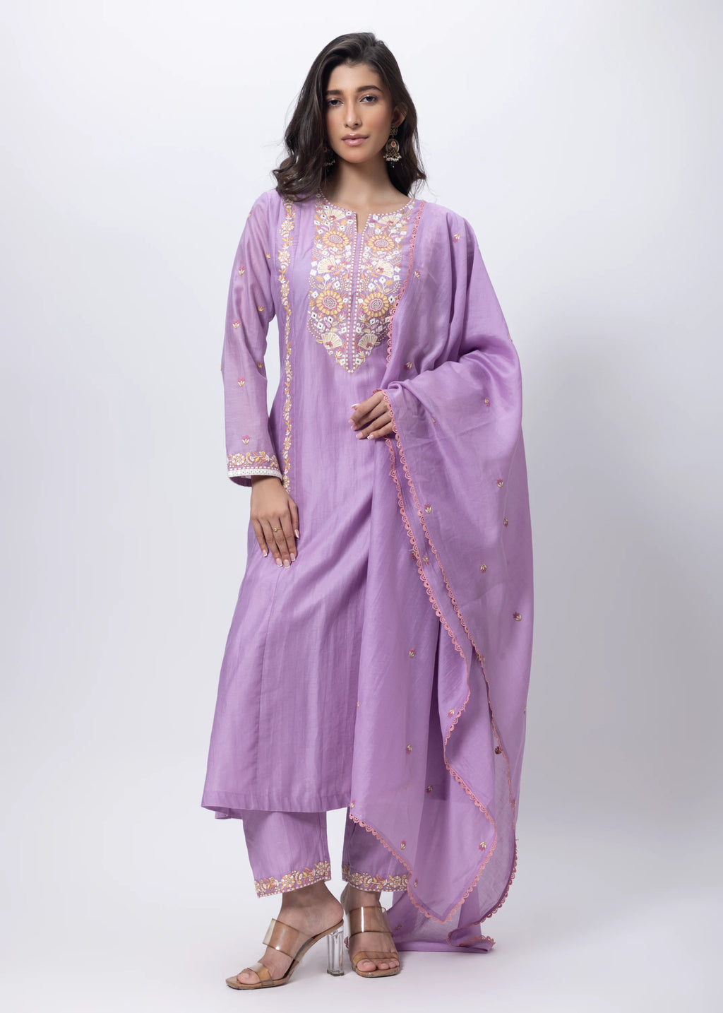 Embroidered Three Piece Suit in Lilac