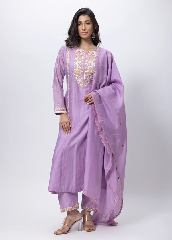 Embroidered Three Piece Suit in Lilac