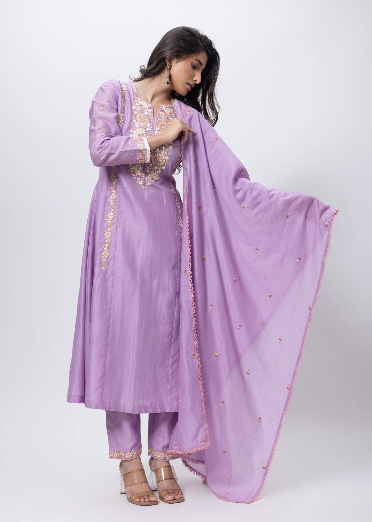 Embroidered Three Piece Suit in Lilac