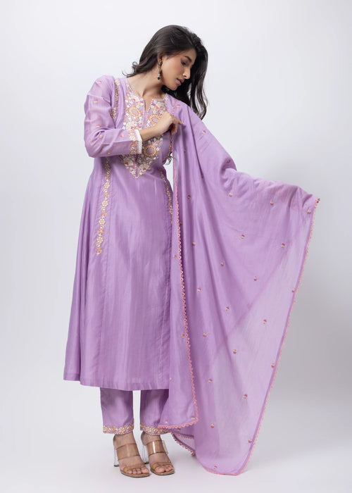 Embroidered Three Piece Suit in Lilac