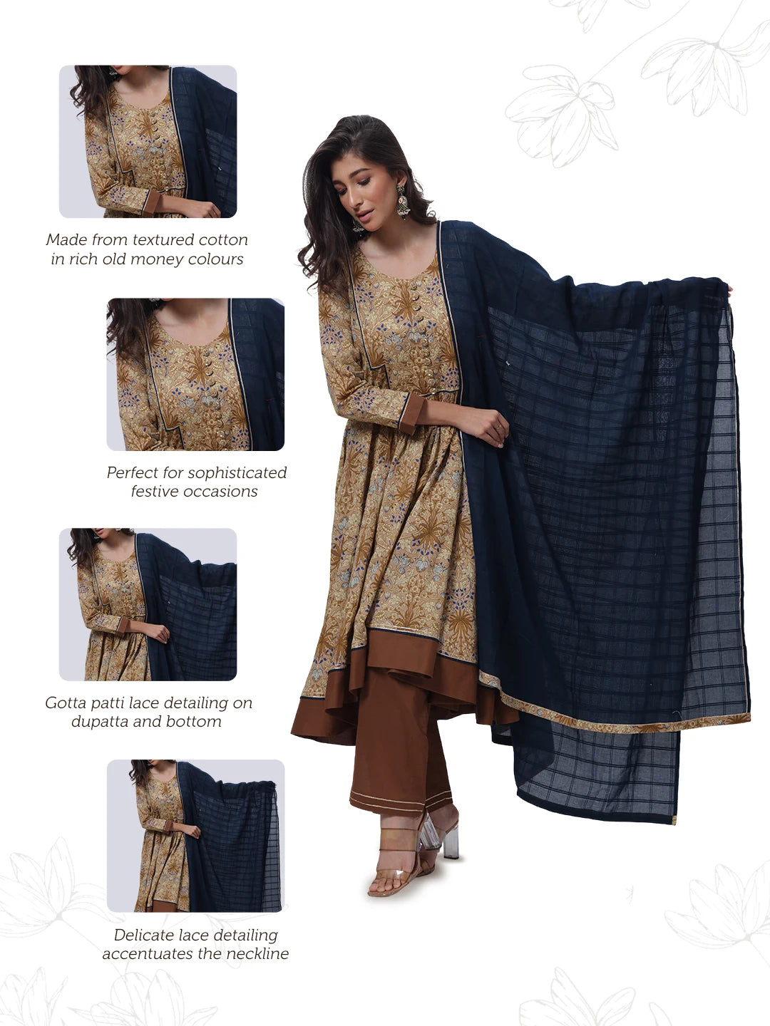 Three Piece Gown with a Contrast Dupatta in Brown and Blue