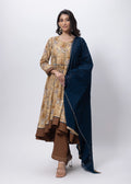 Three Piece Gown with a Contrast Dupatta in Brown and Blue