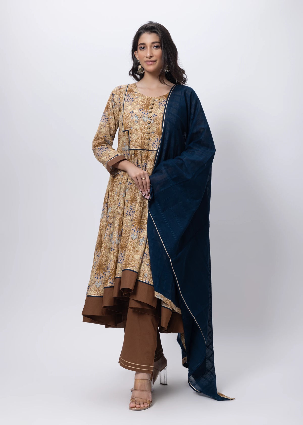 Three Piece Gown with a Contrast Dupatta in Brown and Blue