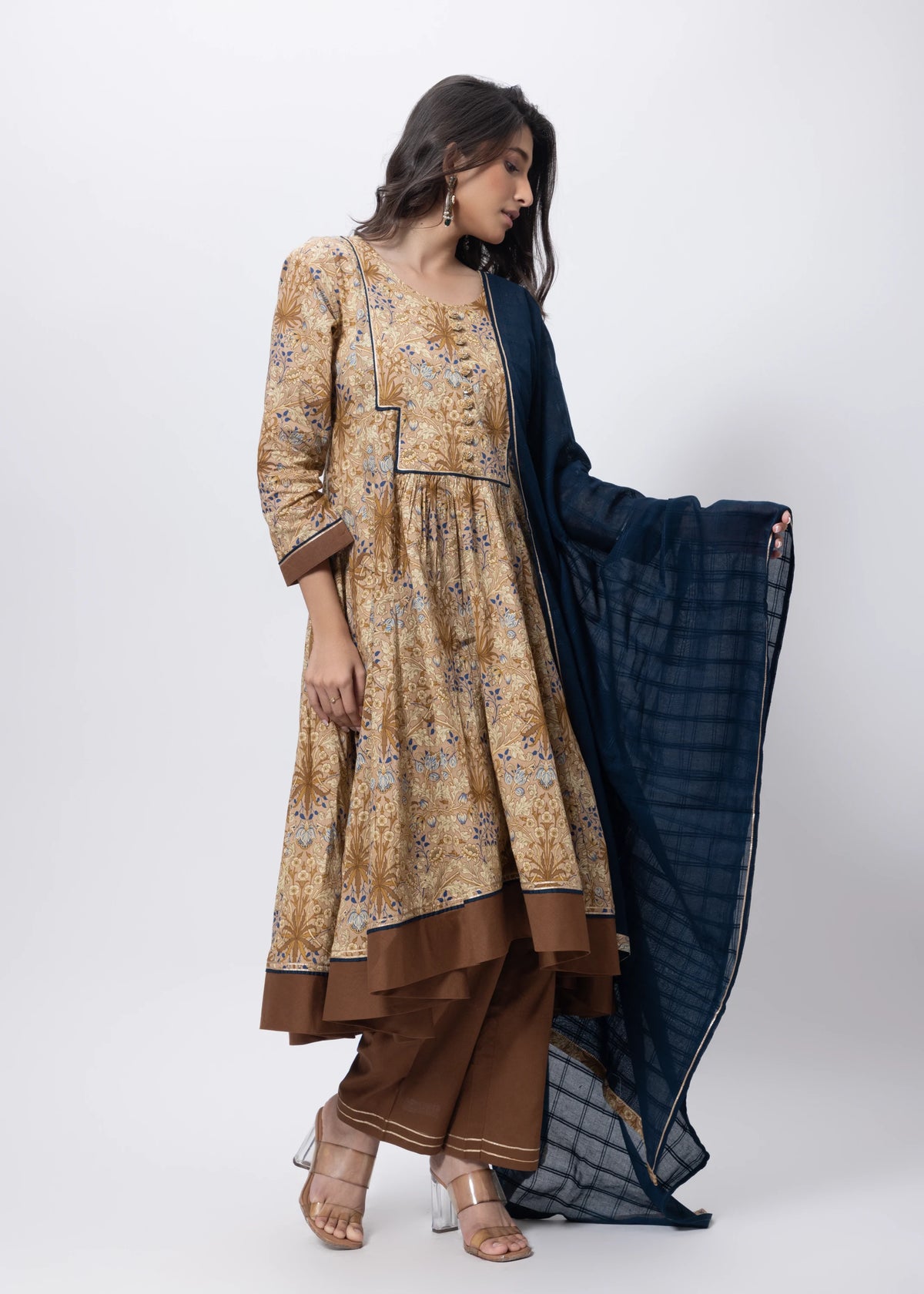 Three Piece Gown with a Contrast Dupatta in Brown and Blue