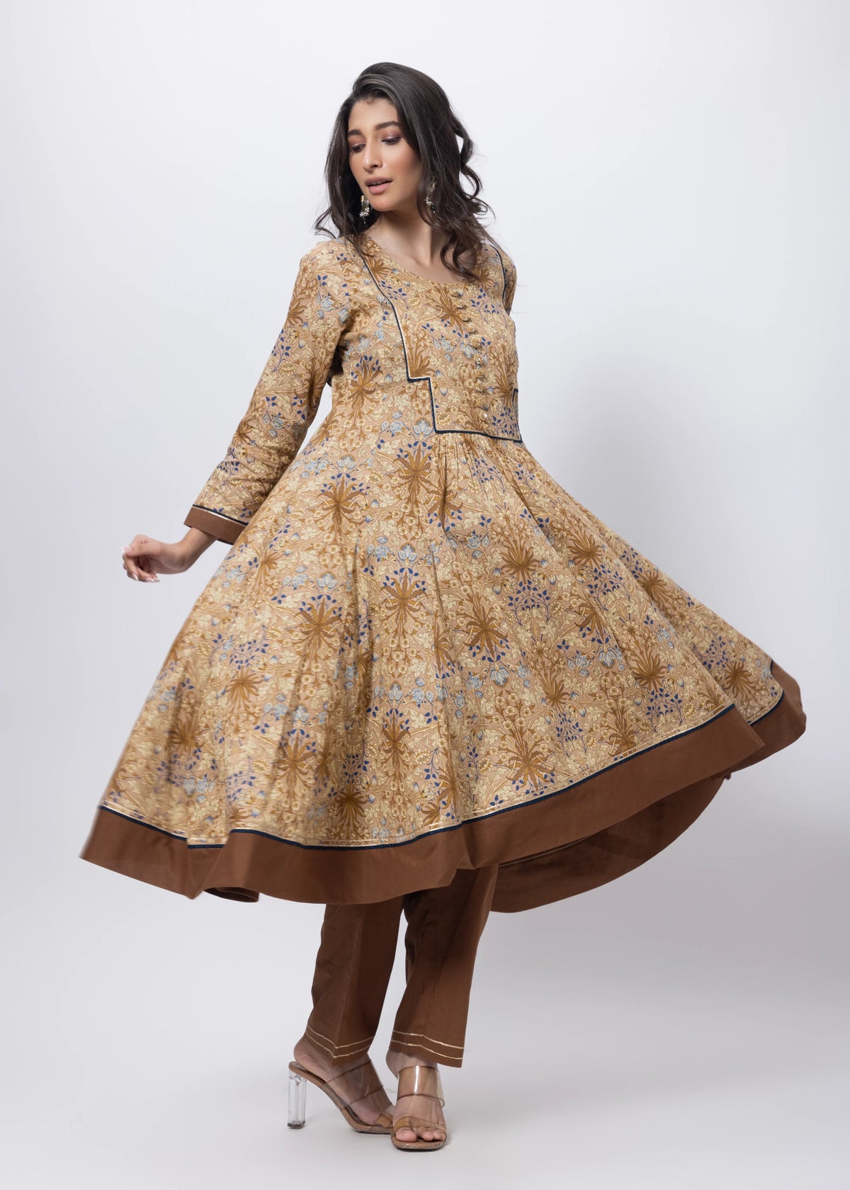 Three Piece Gown with a Contrast Dupatta in Brown and Blue