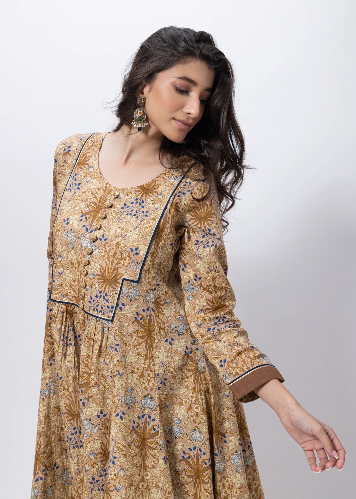 Three Piece Gown with a Contrast Dupatta in Brown and Blue