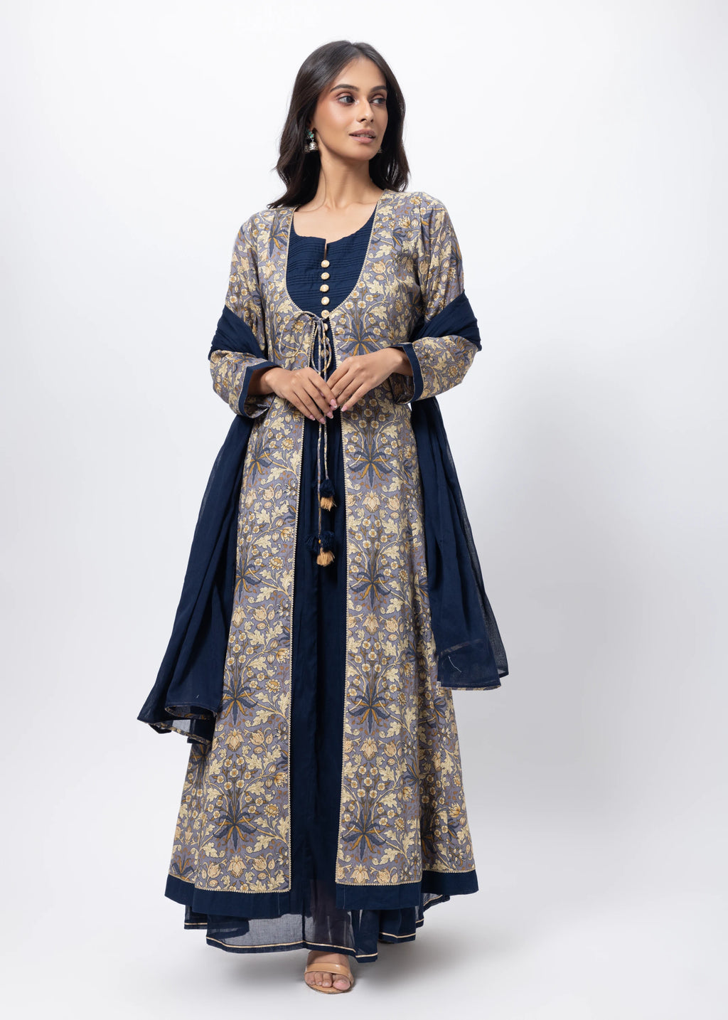 Printed Three Piece Gown in Blue