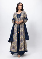 Printed Three Piece Gown in Blue