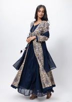 Printed Three Piece Gown in Blue