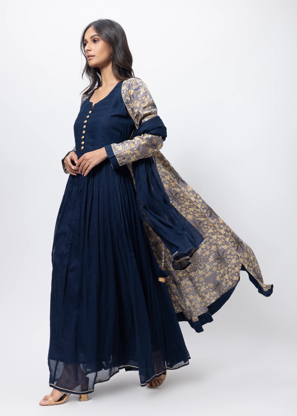 Printed Three Piece Gown in Blue