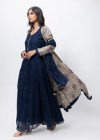 Printed Three Piece Gown in Blue