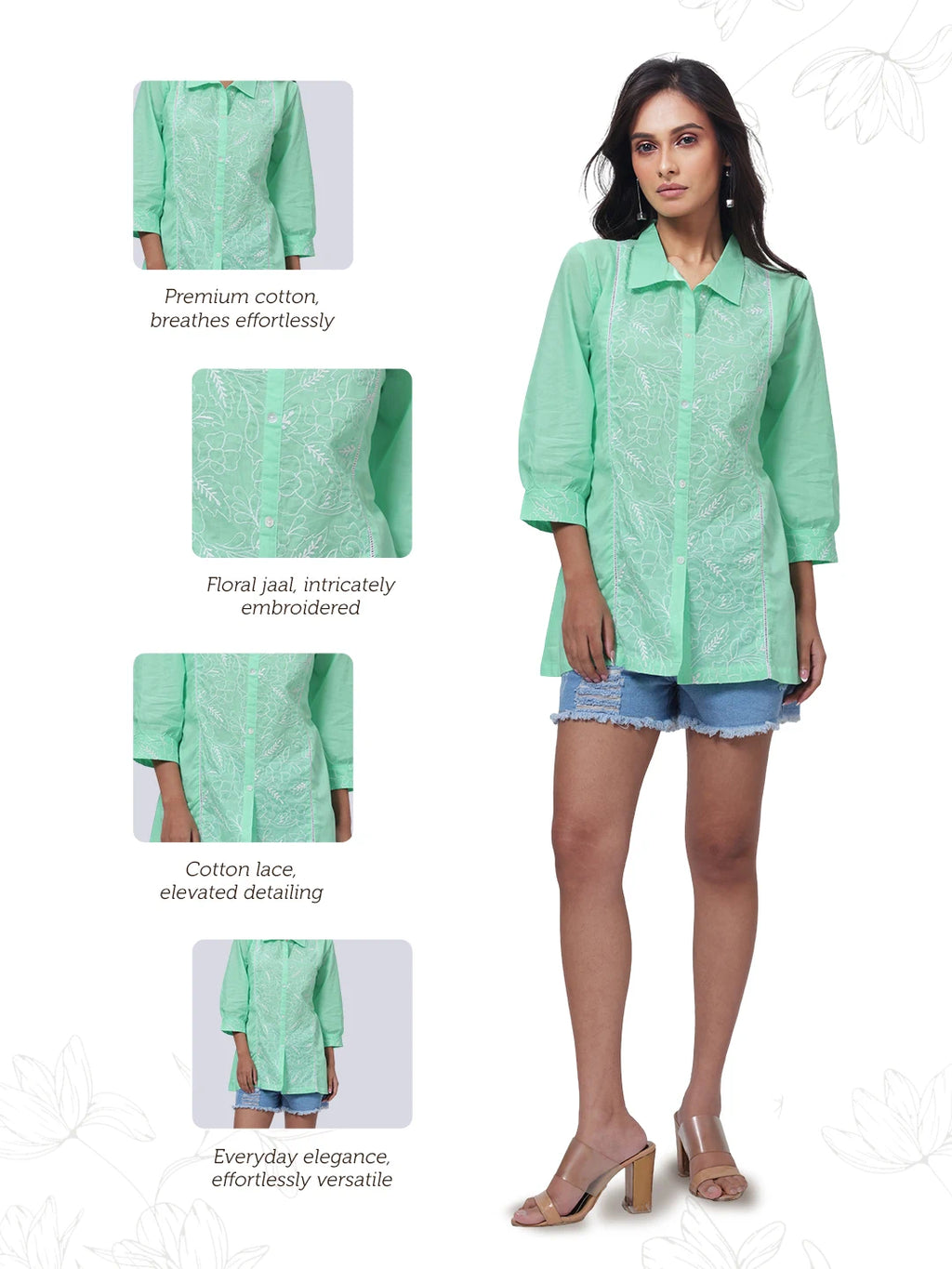 Embroidered Short Length Kurti in Mint Green