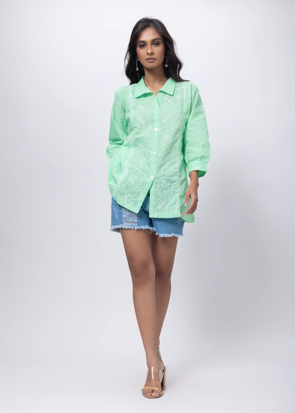 Embroidered Short Length Kurti in Mint Green