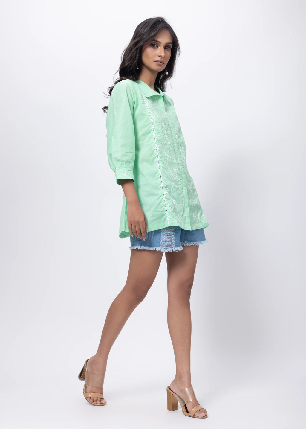 Embroidered Short Length Kurti in Mint Green