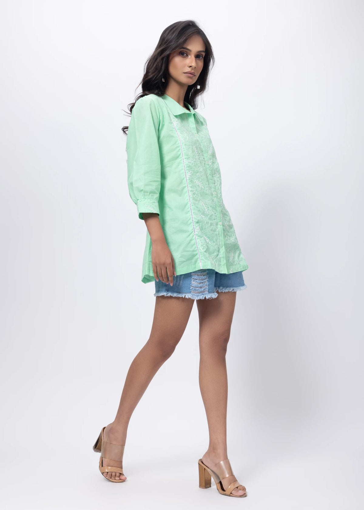 Embroidered Short Length Kurti in Mint Green