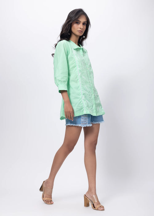 Embroidered Short Length Kurti in Mint Green
