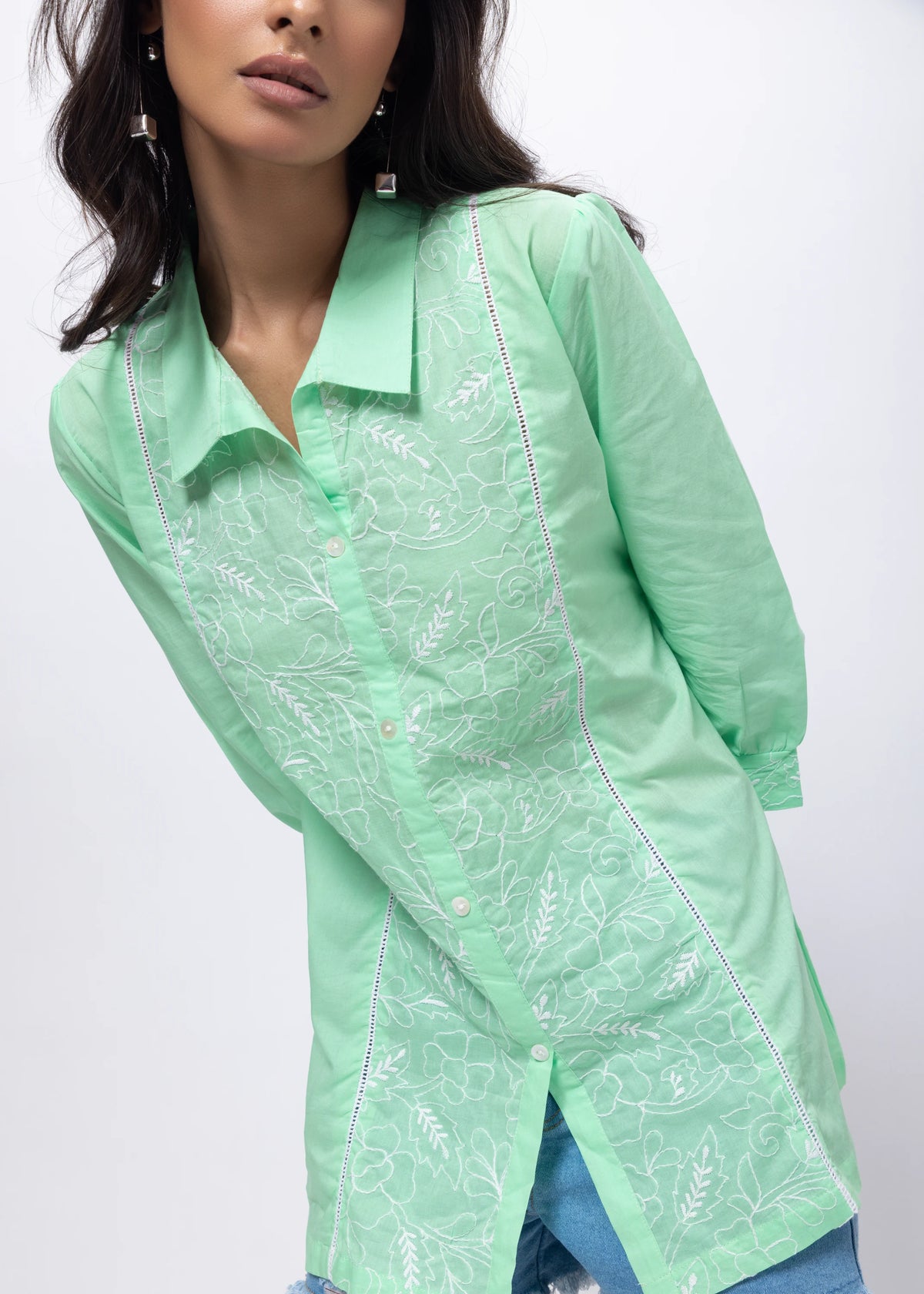 Embroidered Short Length Kurti in Mint Green