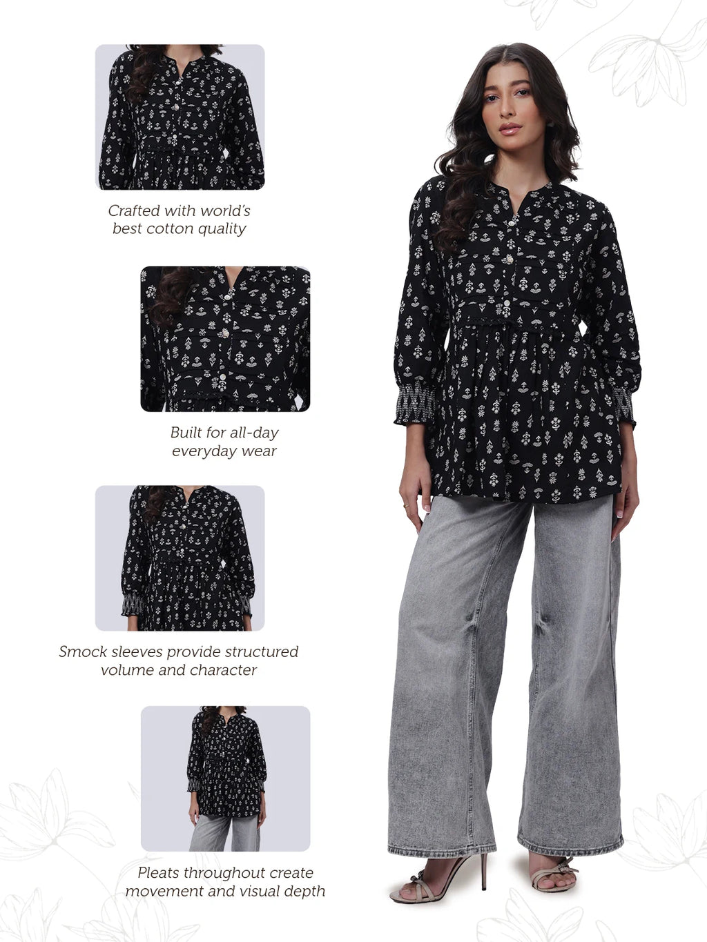 Printed Short Length Kurti in Black